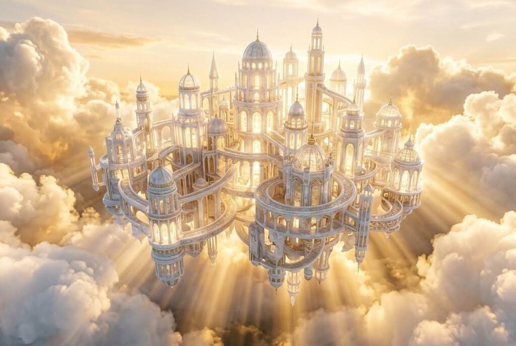 Ethereal luminous architecture floating in clouds representing the heavenly Jerusalem
