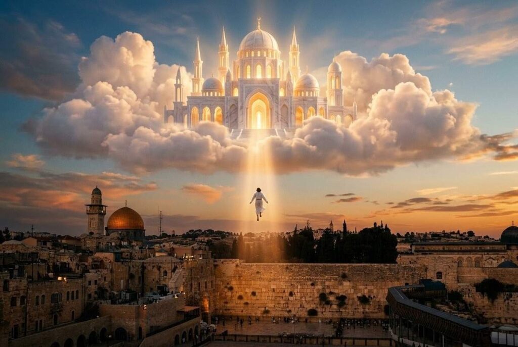 The ancient Jerusalem temple mount at twilight with ethereal heavenly architecture above