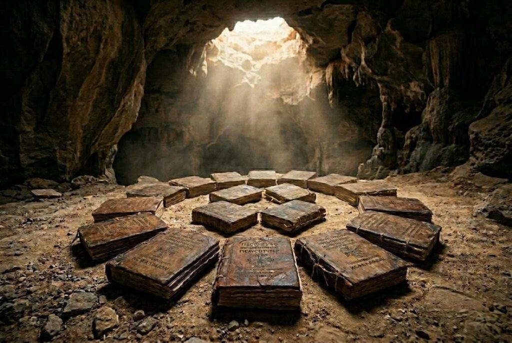 Thirteen ancient leather-bound codices arranged in spiral formation in desert cave setting