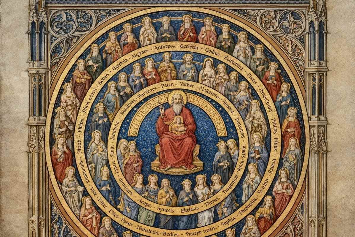 Ancient manuscript illumination showing concentric circles with thirty named figures representing the aeons of the pleroma