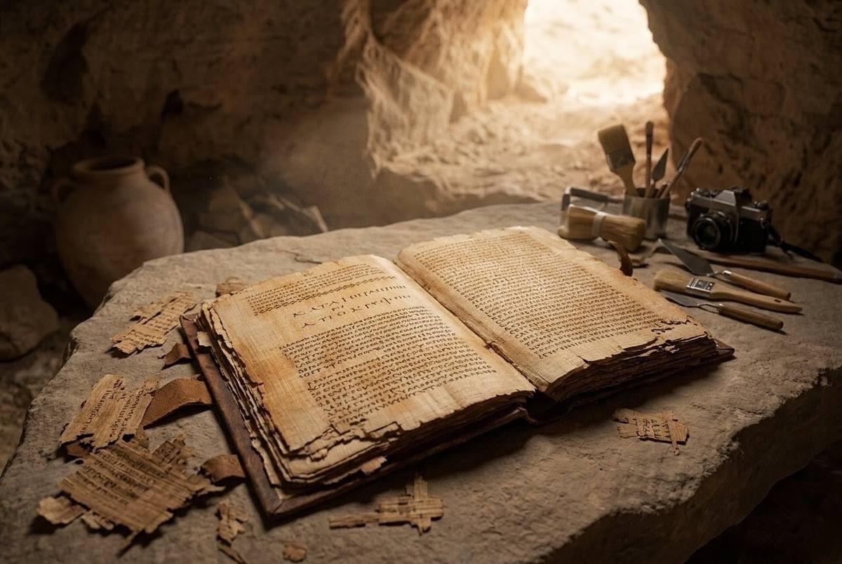 Ancient Coptic codex opened to Gospel of Thomas text in desert cave setting
