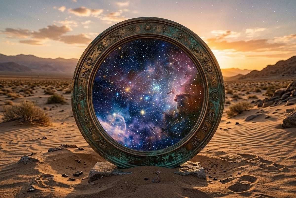 Ancient mirror reflecting landscape showing kingdom inside and outside duality