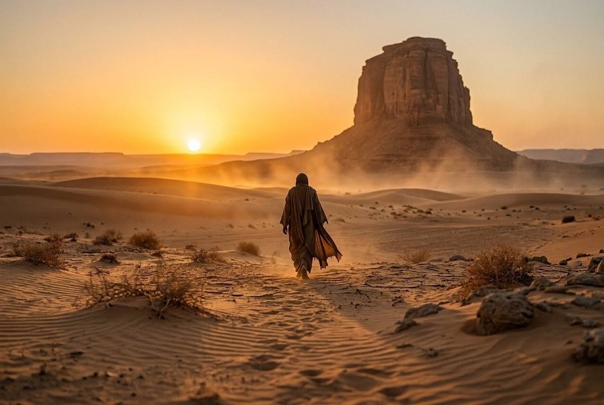Ancient Egyptian desert scene with figure receiving secret teaching in solitude
