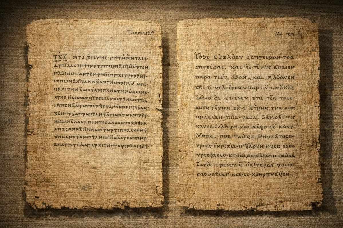 Ancient manuscript comparison showing Gospel of Thomas sayings alongside canonical gospel parallels