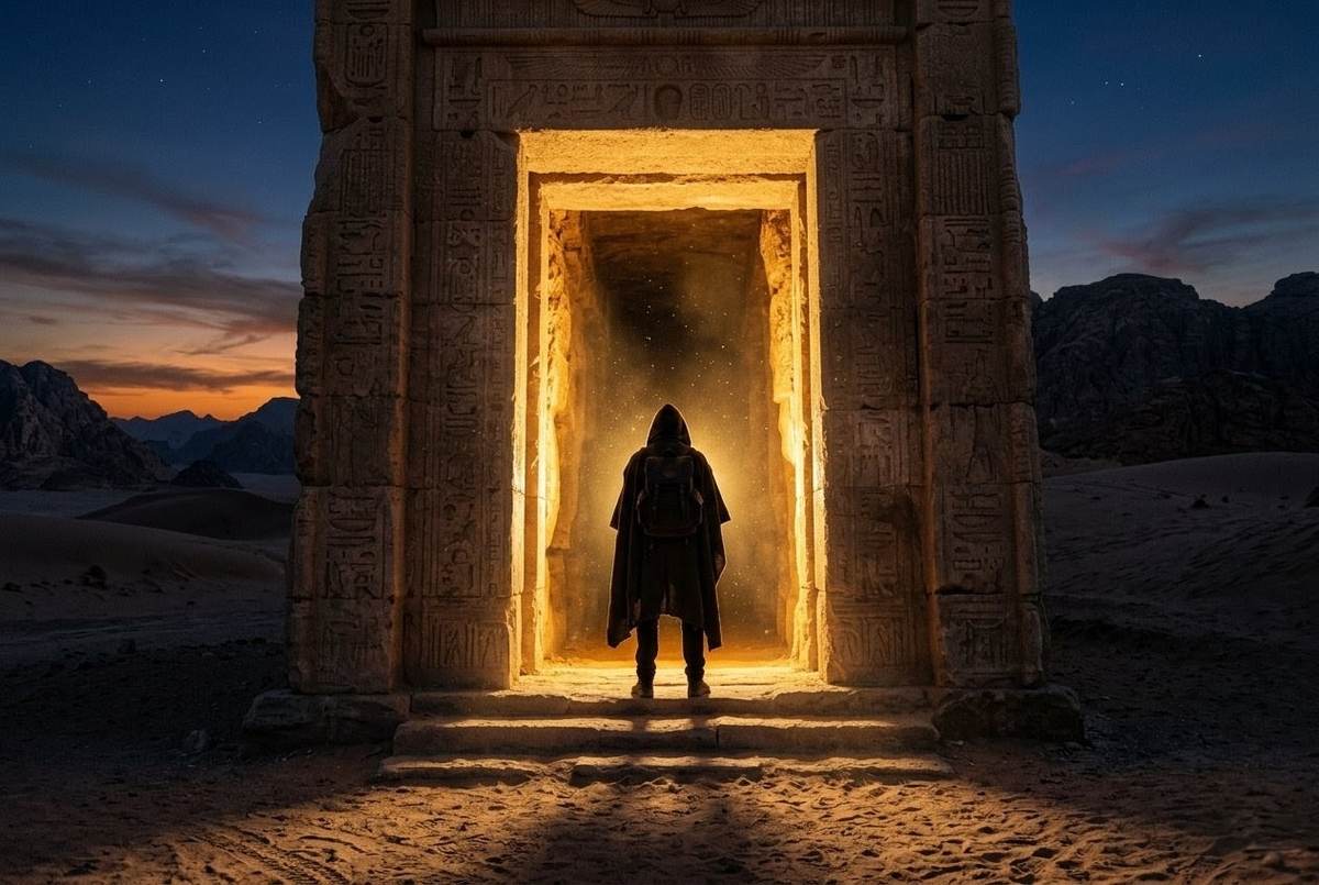 Solitary figure in desert landscape approaching illuminated doorway