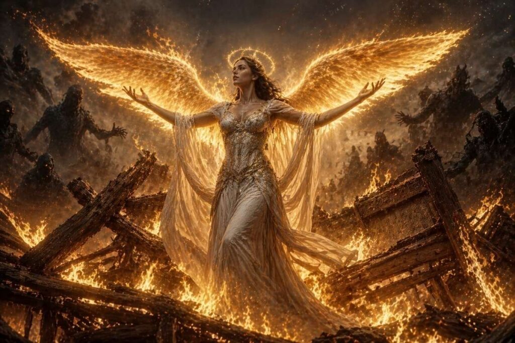Feminine divine figure surrounded by flames with arms raised in defiance against dark archonic shadows