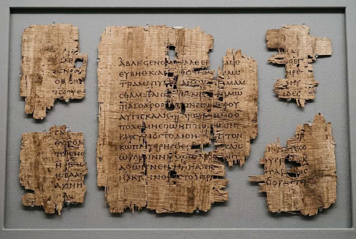 Damaged Coptic papyrus fragments from Nag Hammadi Codex IX showing the Thought of Norea text