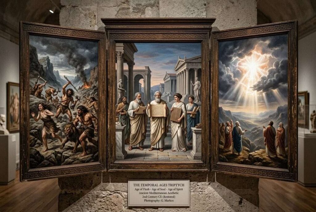 Triptych showing three ages of salvation history: material chaos, prophetic law, and spiritual light