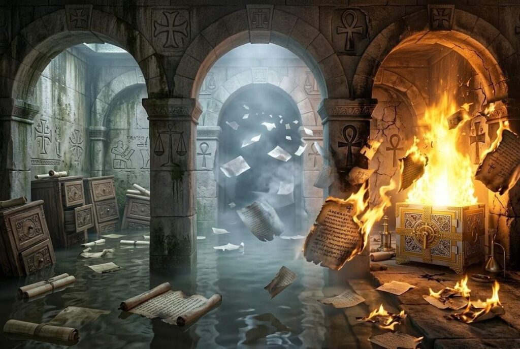 Three sequential administrative chambers transitioning from flooded to mist-covered to fire-illuminated with ancient filing systems