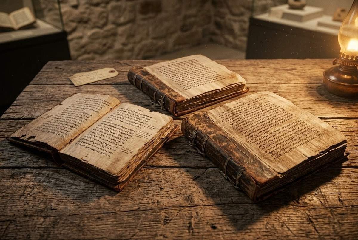Three ancient papyrus codices from the Nag Hammadi library arranged in triangular formation