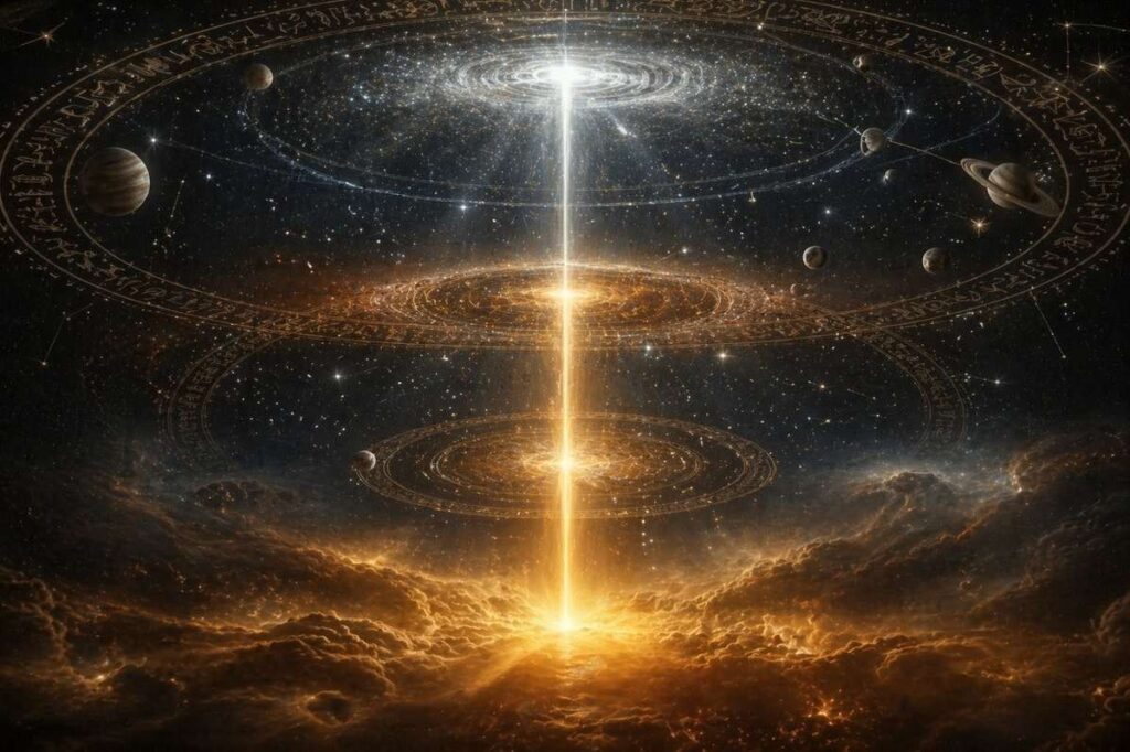 Three beams of divine light descending through concentric cosmic spheres into material darkness