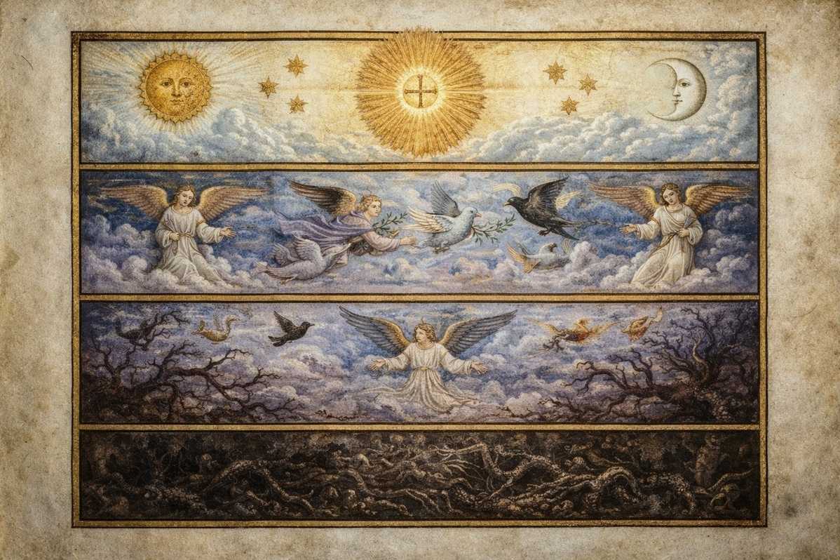Ancient cosmological diagram showing three concentric realms labelled darkness earth spirit air and light heaven