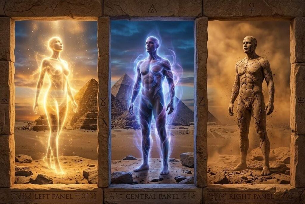 Triptych showing three human figures representing Gnostic spiritual natures: translucent golden spiritual being, partially solid psychic intermediate, and earthen clay material human