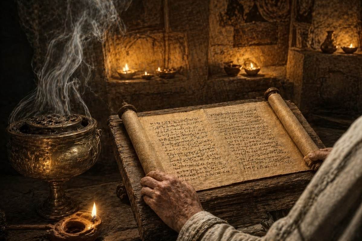Ancient ritual scene with incense and oil lamps in a Mediterranean temple