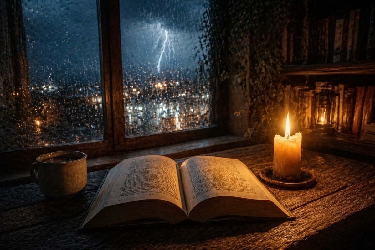 Contemplative reading by candlelight with rain on window pane
