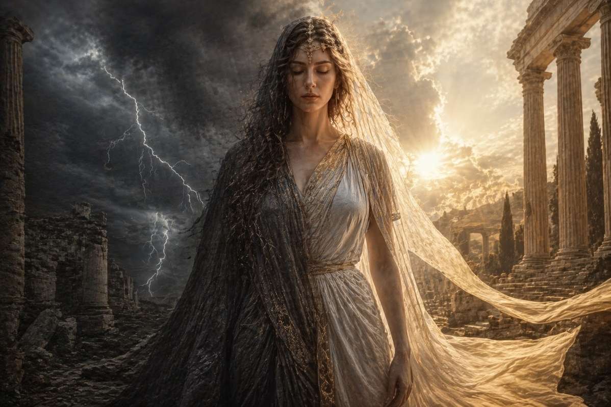 Abstract visual paradox of the divine feminine in storm and light