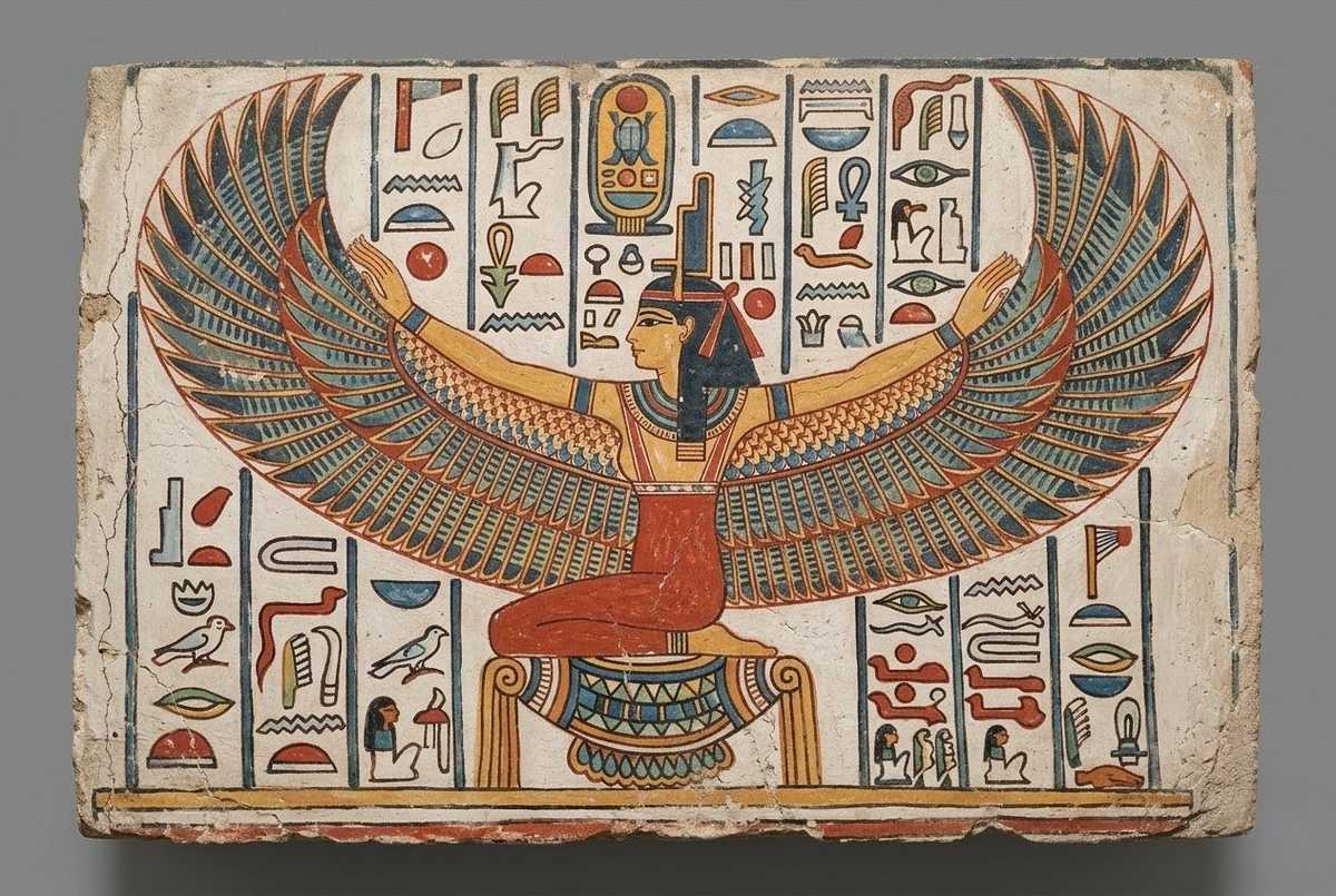 Ancient Egyptian temple hieroglyphs depicting goddess Isis with thunderbolt symbols
