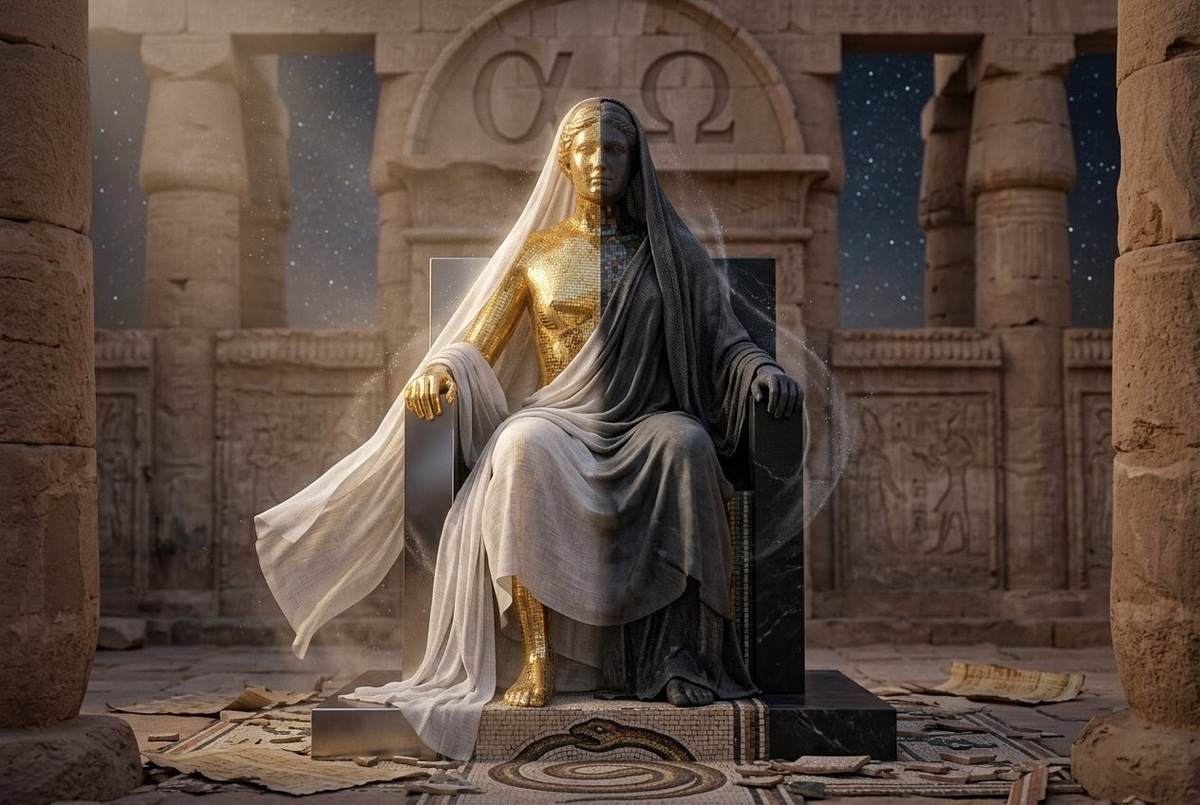 Abstract representation of divine feminine paradox with binary oppositions unified