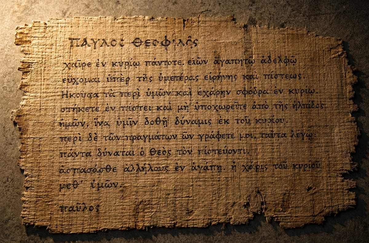 Ancient Coptic papyrus letter with personal correspondence visible in museum display