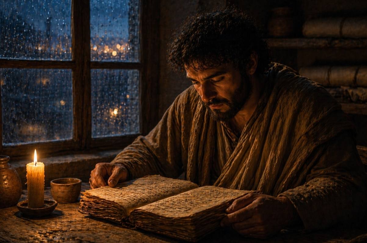 Contemplative reader in twilight with ancient manuscript and candle representing meditation on resurrection