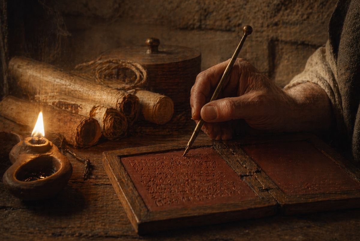 Ancient Mediterranean writing scene with stylus and wax tablet composing pastoral letter