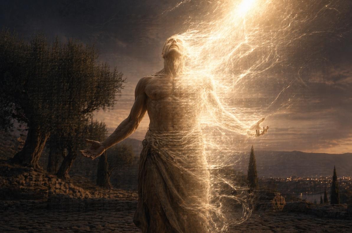 Human figure transforming from flesh into radiant spiritual light with ethereal atmosphere