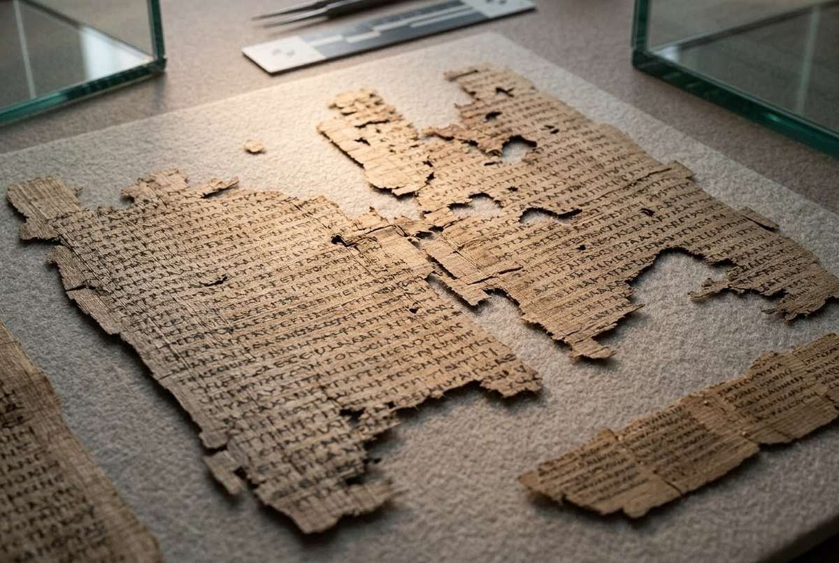 Ancient Coptic papyrus from Nag Hammadi Codex XIII showing Trimorphic Protennoia text