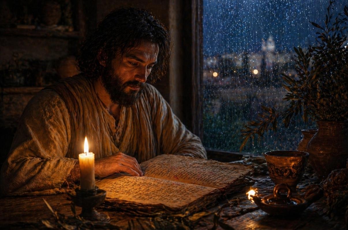 Contemplative reader with ancient codex in candlelit study surrounded by olive branches