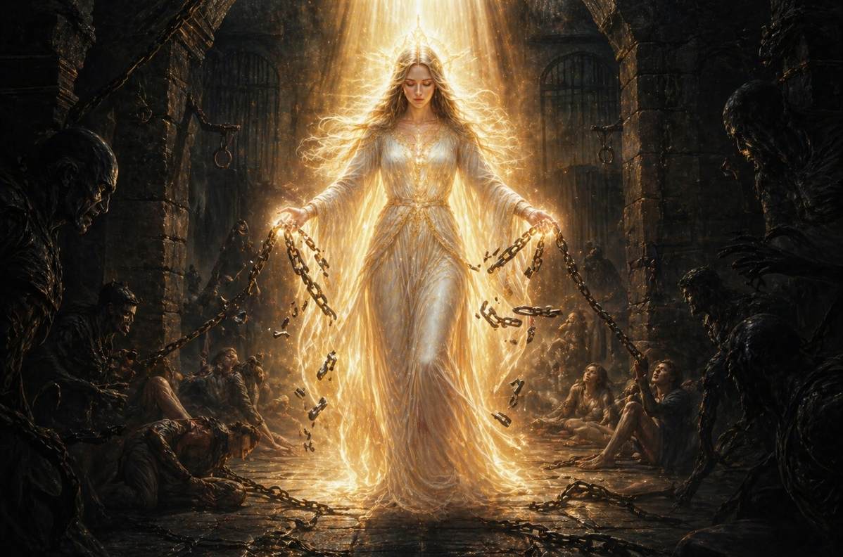 Radiant divine figure descending into dark prison breaking chains with light