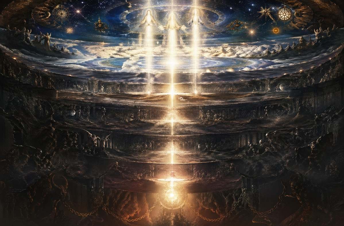 Threefold divine light emanation representing Voice Speech and Word descending through cosmic spheres