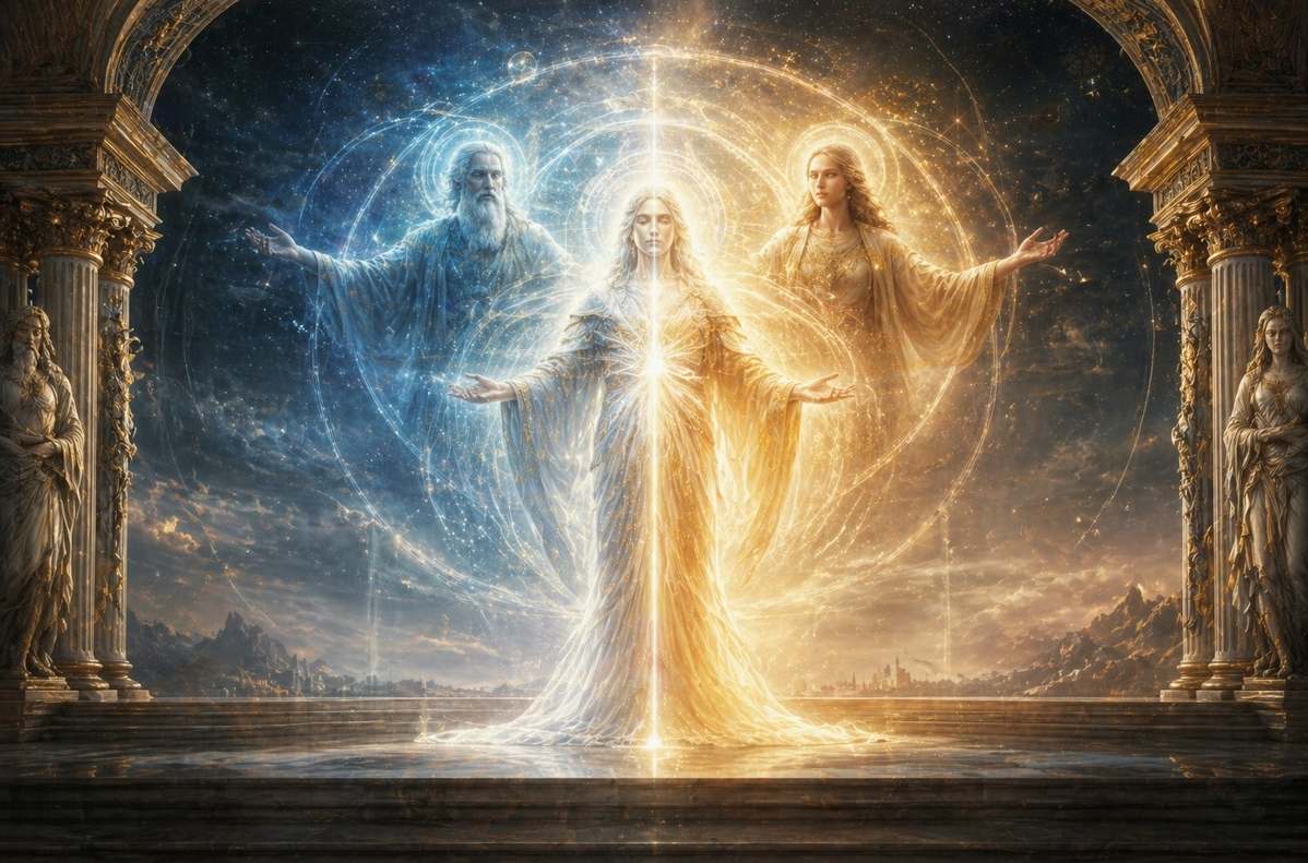 Threefold divine figure showing Father Mother Son aspects in concentric light spheres