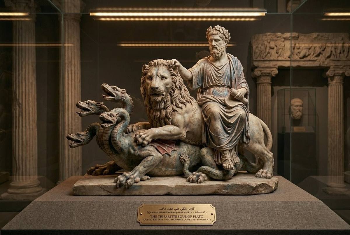 Classical allegorical illustration showing the tripartite soul as multi-headed beast, lion, and human figure merged into composite creature