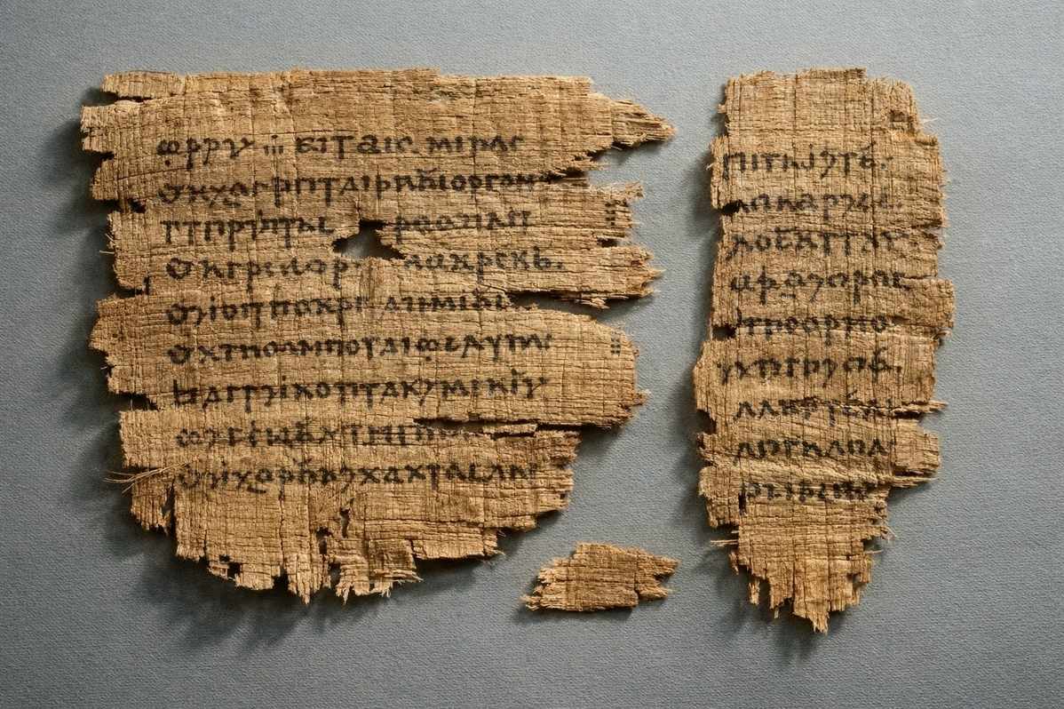 Ancient Coptic papyrus from Nag Hammadi Codex I showing the Tripartite Tractate text