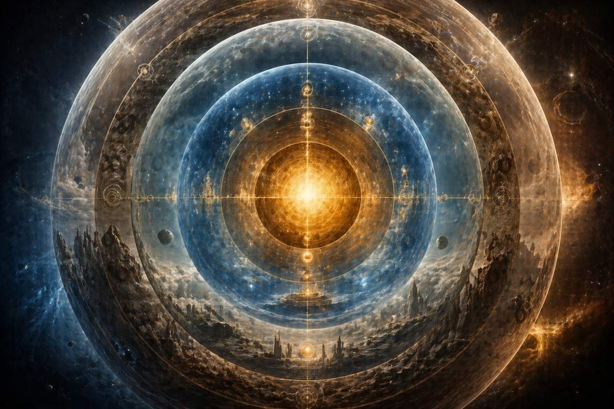 Ancient depiction of the threefold nature of reality with concentric spheres of spiritual psychic and material realms