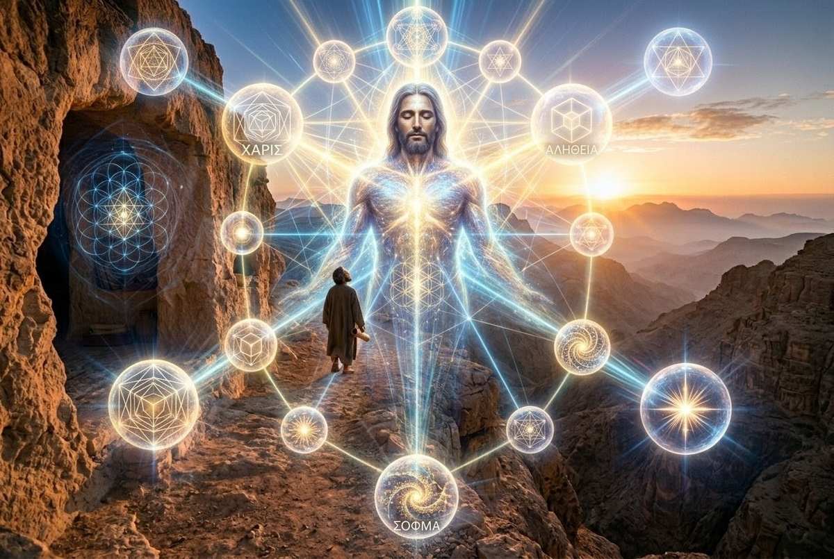 Cosmic structure showing twelve aeons emanating from the Immortal Human in the Sophia of Jesus Christ