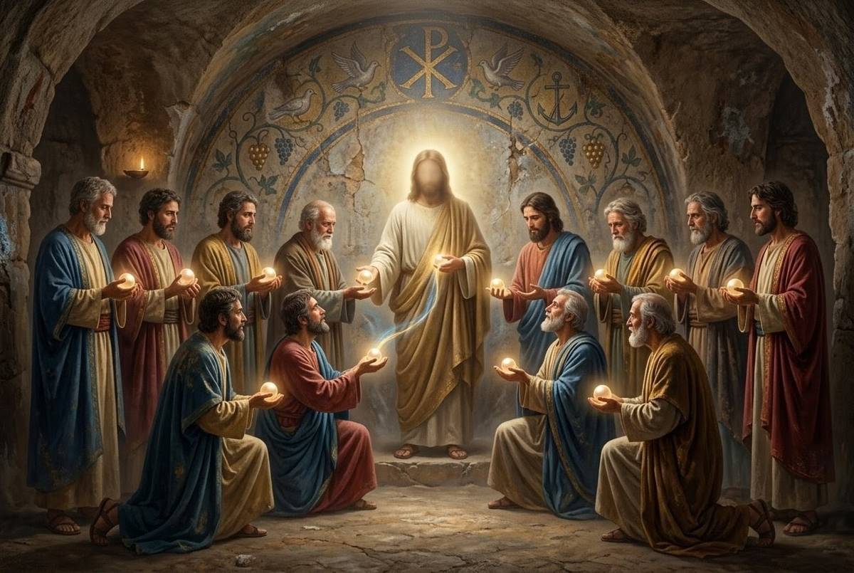 Ancient Christian art showing twelve robed figures receiving luminous pearls from a central divine figure