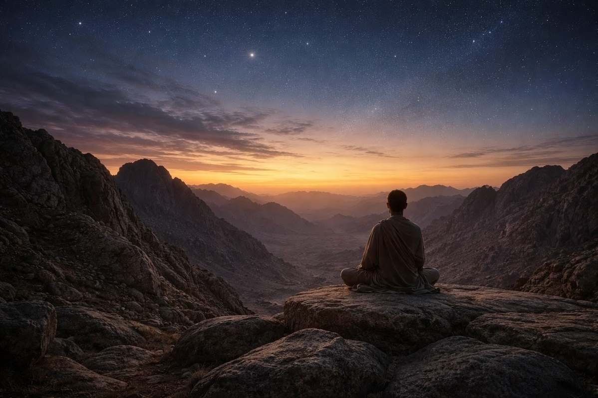 Desert meditation landscape at twilight representing the threshold between realms