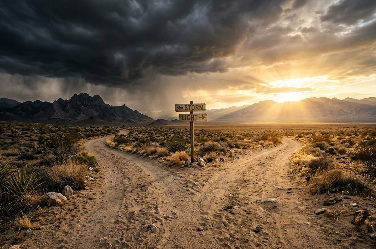 Ancient desert path diverging into two directions with dramatic sky