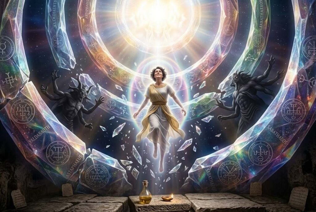 Ascending soul breaking through planetary spheres with Gnostic seals toward divine light, representing the apolytrosis sacrament