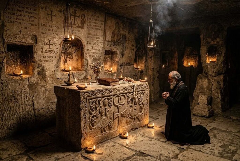 Ancient underground ritual chamber with oil lamps and bridal imagery representing the Valentinian sacrament of spiritual union