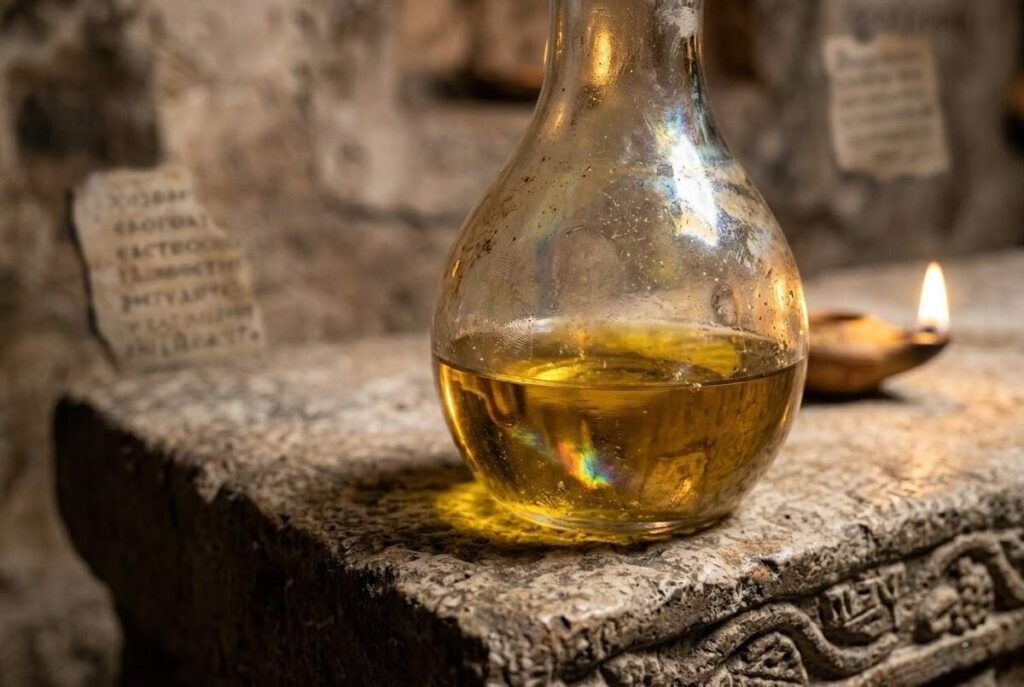 Ancient ritual vessel containing golden chrism oil used in Valentinian initiation rites as described in Nag Hammadi Codex XI