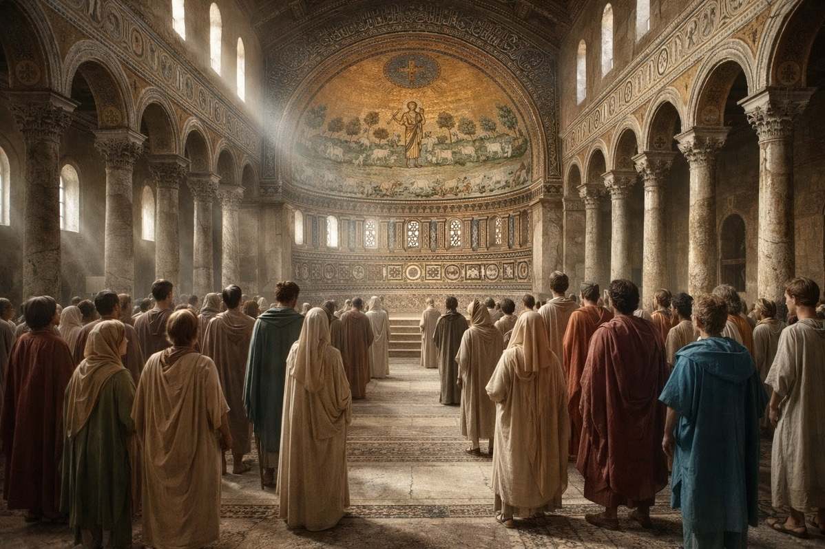 Ancient early Christian basilica interior showing architectural details and gathering of diverse congregants