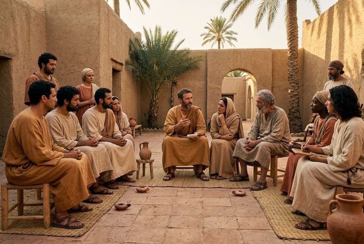 Ancient gathering of Valentinian community members in discussion