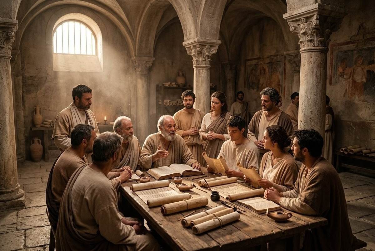 Ancient urban setting with early Christians gathered for discussion and ritual