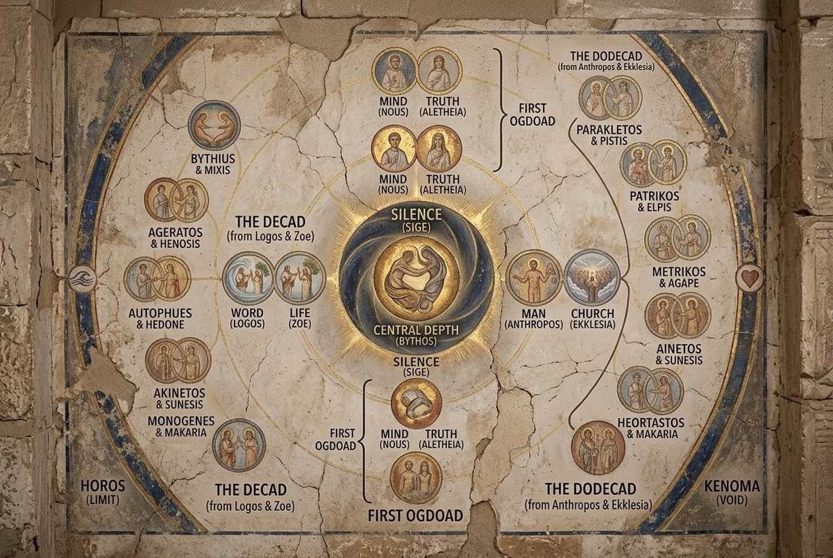 Ancient diagram showing Valentinian Pleroma with thirty aeons in paired syzygies