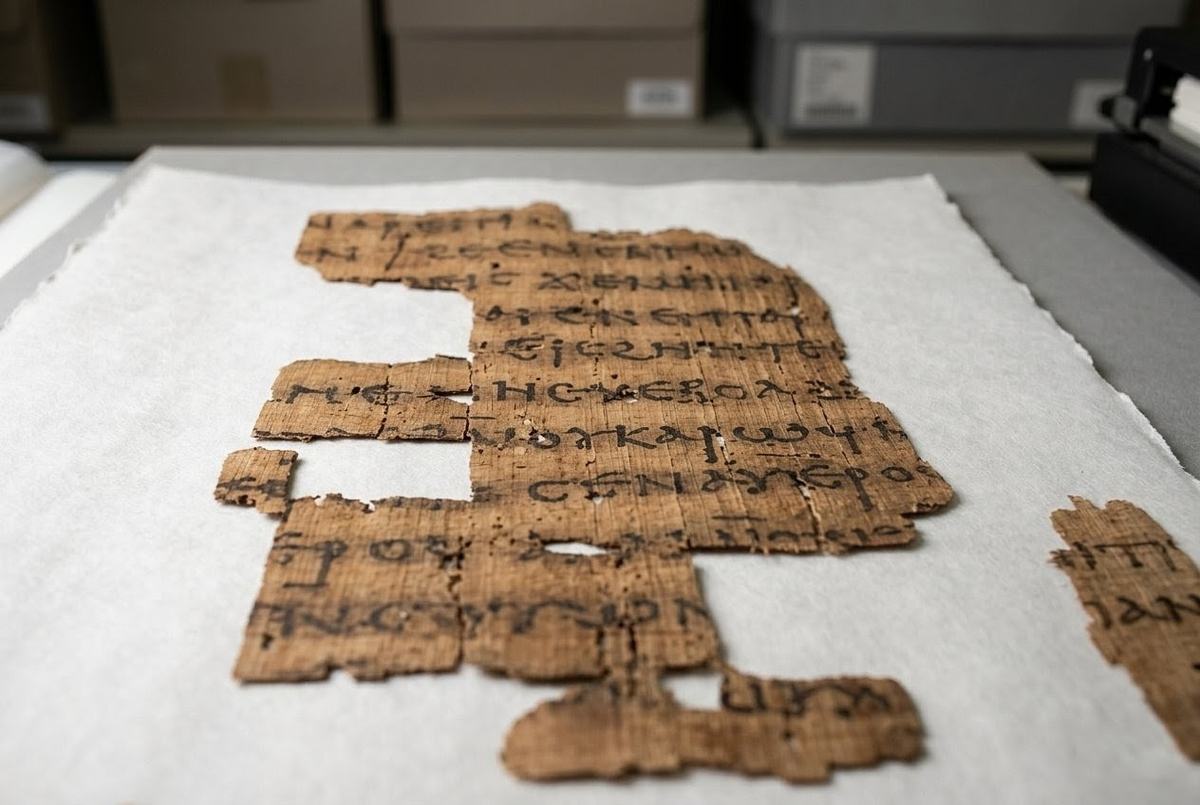 Ancient manuscript fragments showing systematic theological text with Coptic script
