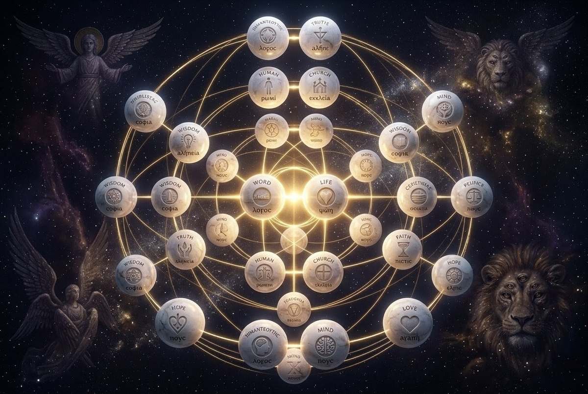 Complex three-dimensional organisational chart showing thirty aeons arranged in pairs within the Pleroma