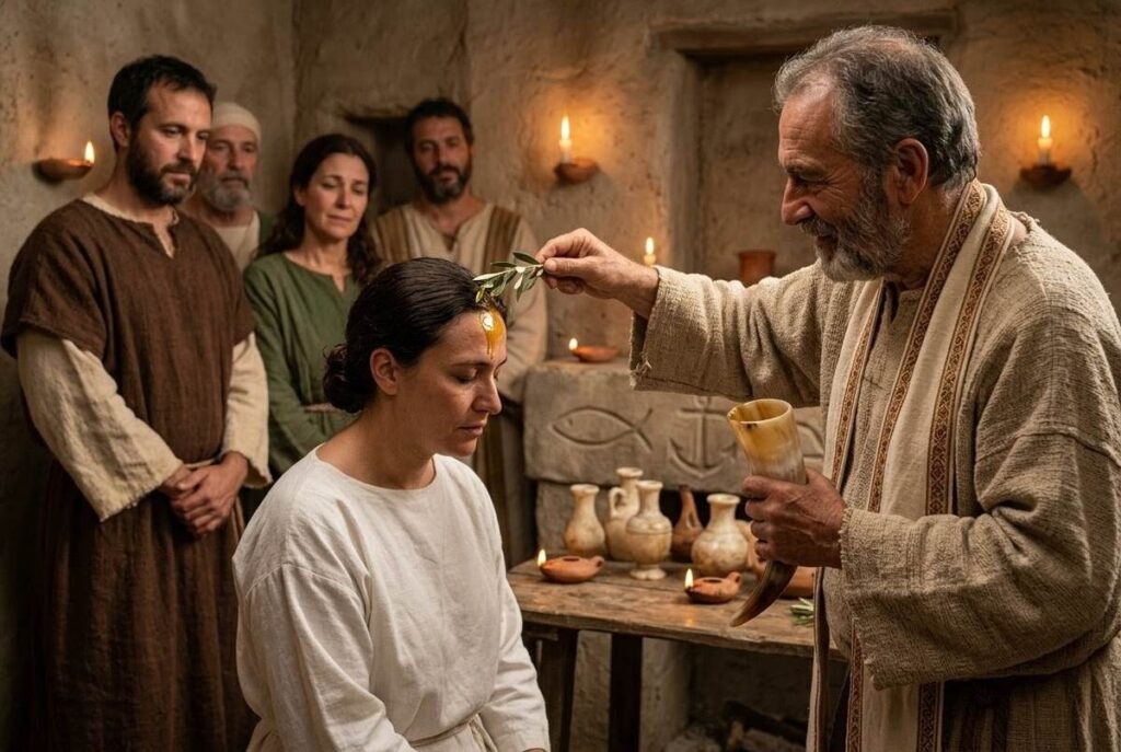 Early Christian ritual scene showing anointing with oil in Valentinian sacramental context