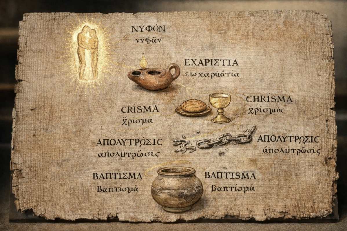 Ancient artistic representation of the five Valentinian sacraments as progressive initiations