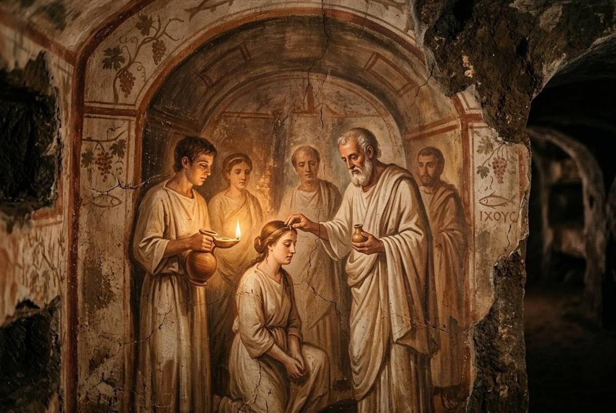 Ancient Christian ritual scene showing baptismal preparation with oil and water